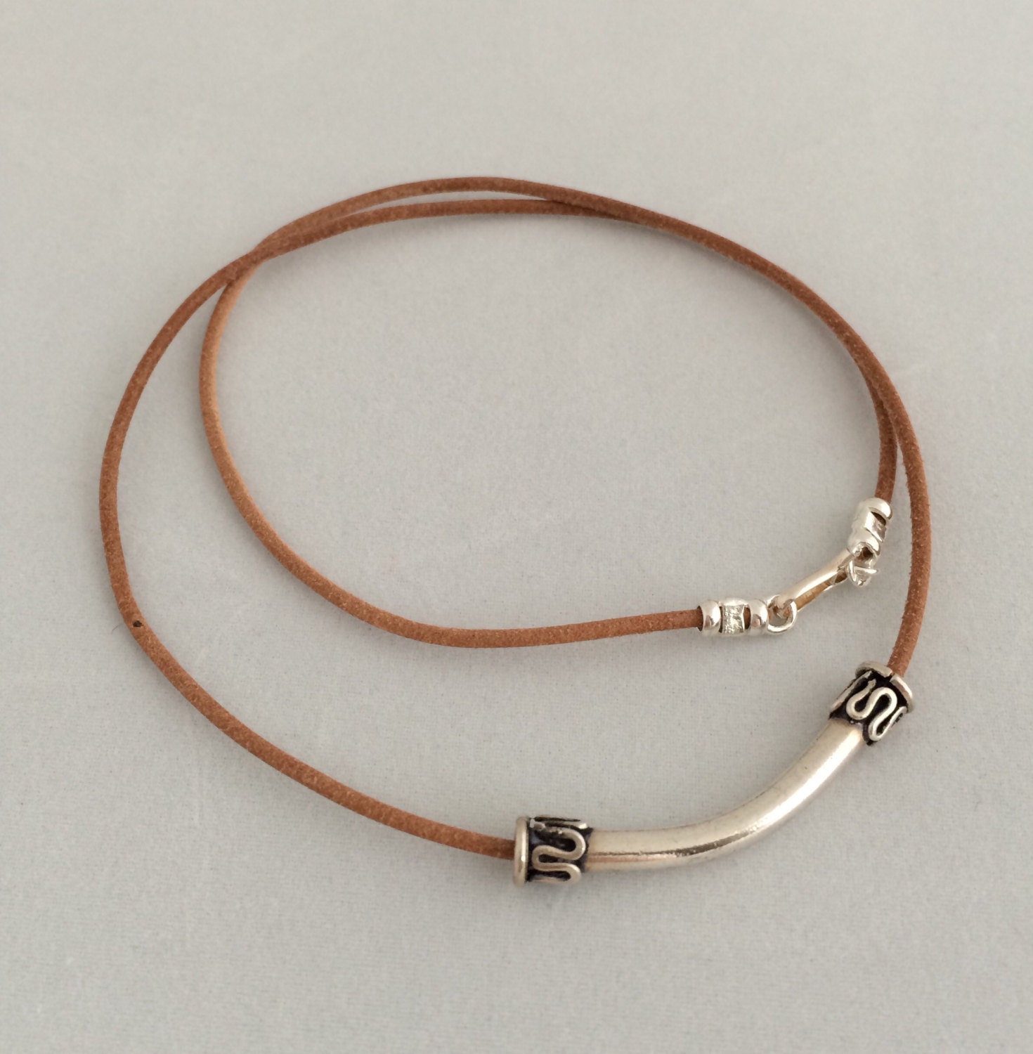 Sterling Silver Tube Bead Necklace On Natural Leather Handmade