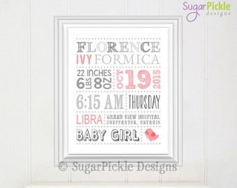 Baby Girl Birth Announcement // Pink Nursery Decor // Baby Subway Art // Custom Birth Stats// Nursery Birth Stats 11x14