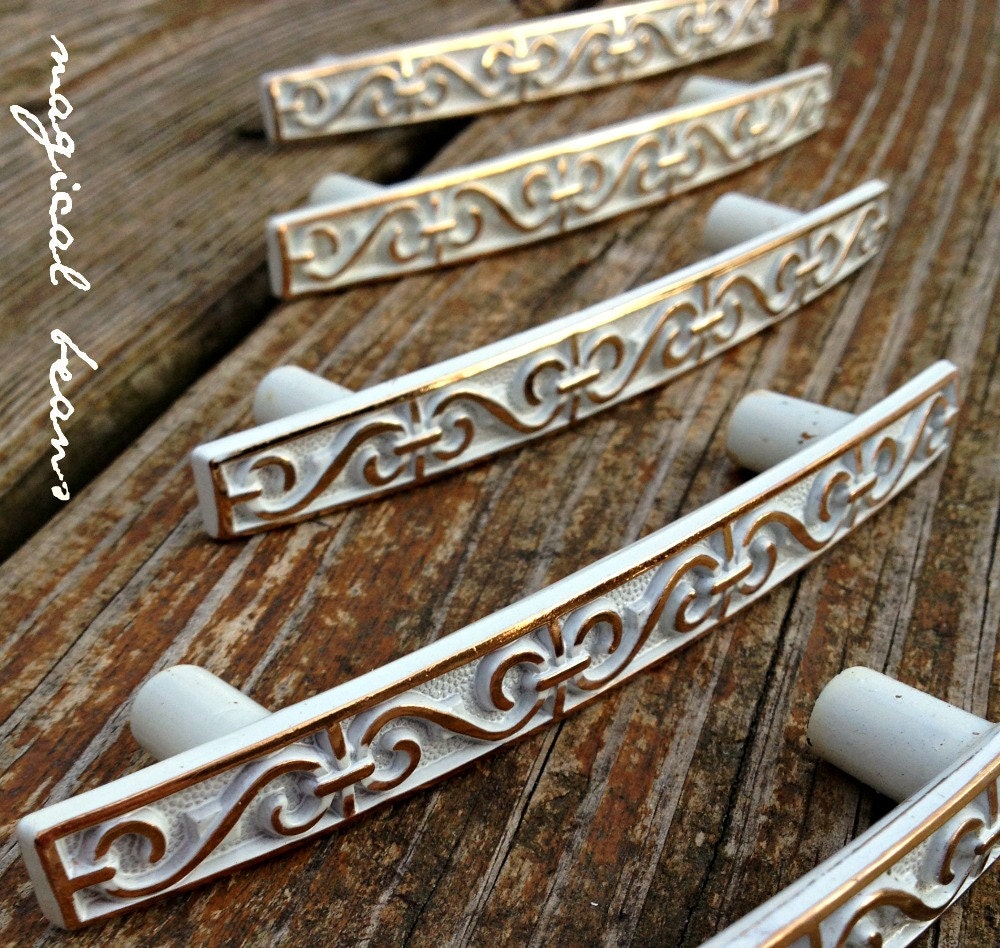 Vintage MCM White & Brass Pull / S Design Square Decorative Handle