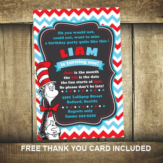 Dr seuss birthday card Cat in the hat invitation Printable