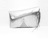 Silver Reptile Leather Clutch // Fold Over Bag // White Sparkle Purse // Holographic Purse // Party Bag // Wedding // Valentine Day's Gift