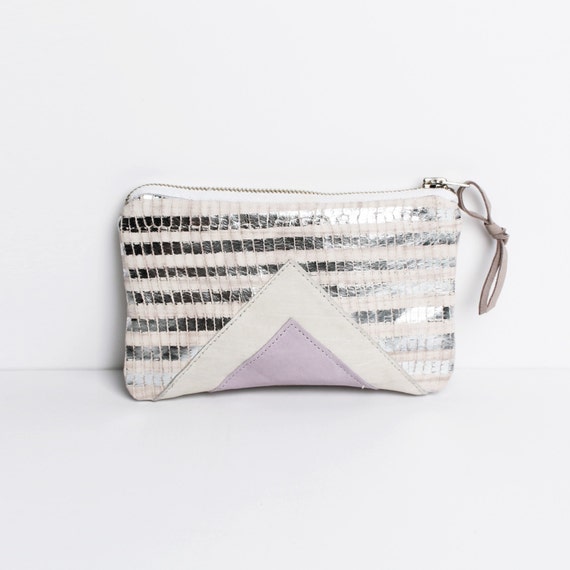 Silver Pink Metallic Leather Purse  Art Deco Pouch  Geometric ...