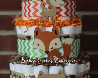 3 Tier Woodland Animal Diaper Cake, Boys Woodland Baby Shower, Fox, Owl ...