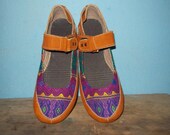 Maryjane style shoes Leather and vintage Huipil handmade Guatemala