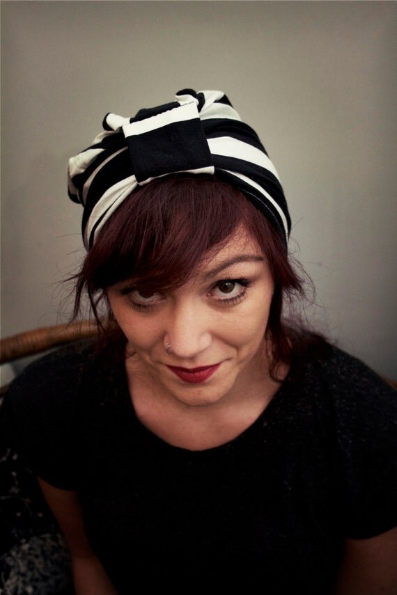 Black & white turban, stripy headband, hat, fashion headwear, turban accessory, retro