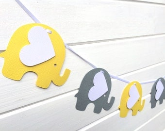 Elephant Garland Bright Yellow & Gray. Baby shower, decor, high chair, birthday party, bunting, banner, dessert table. First birthday party