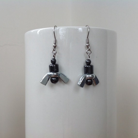 Recycled steel wing nut earrings hematite by