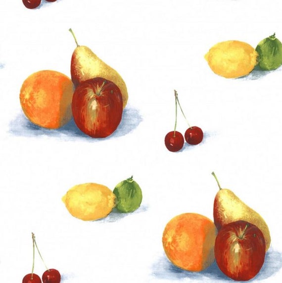 Wallpaper Still Life of Large Fruit on White - Wall Art, Apples, Oranges, Pears, Cherries, Lemons, Limes, 3d - By The Yard - KK26735