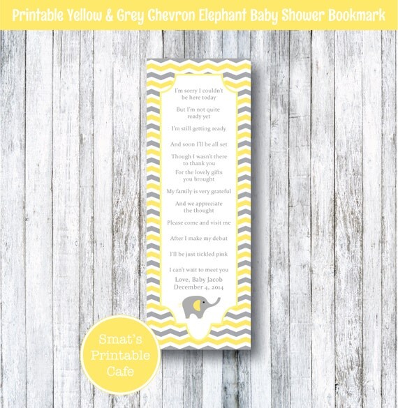 Yellow & Grey Chevron Elephant Baby Shower Bookmark