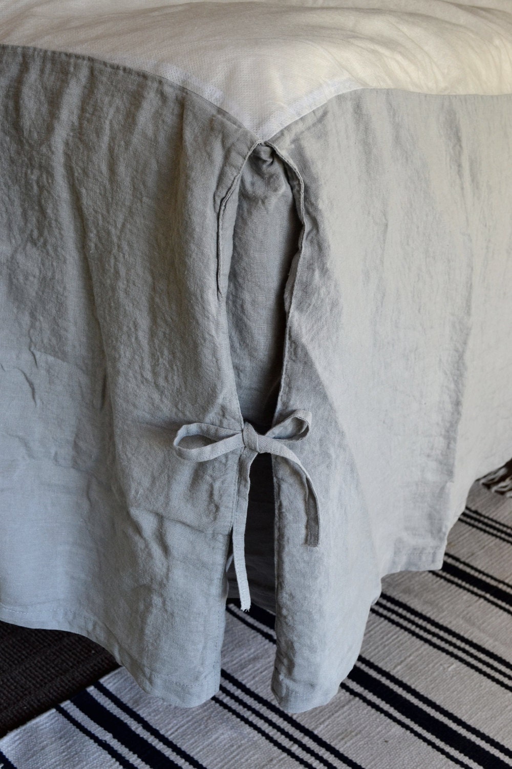 Light Grey Linen Box Pleated Bedskirt With Ties. Dust Ruffle.
