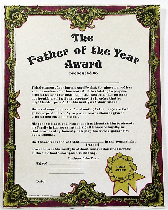 Father The Year Award Certificate Parchment Paper Original