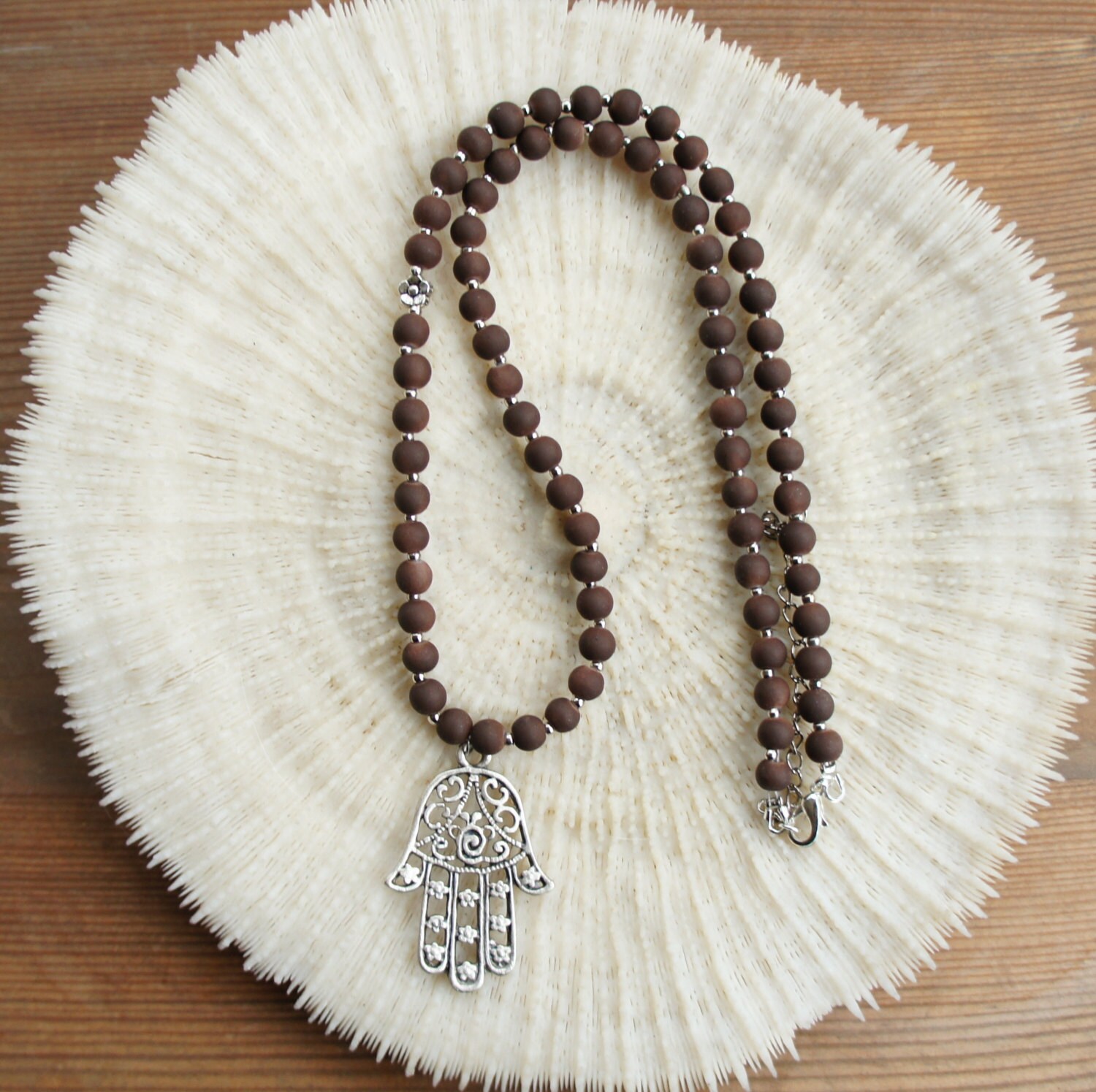 Hamsa Necklace Brown Long Hamsa Necklace Long beaded