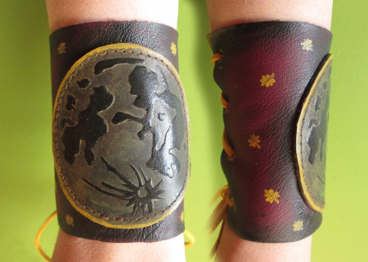 SALE Moon and Stars Armband: Hand Painted Leather Armband