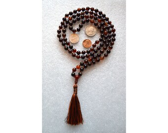Natural Agate Hand Knotted Mala Beads Tassel Necklace - 108 Karma Yoga Prayer Beads For Protection, Courage & Success. Eliminates Bad Lu