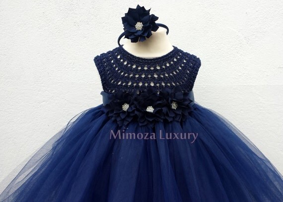 Navy Flowergirl dress, tutu dress, navy bridesmaid dress, princess dress, silk crochet top tulle dress, hand knit silk top tutu dress