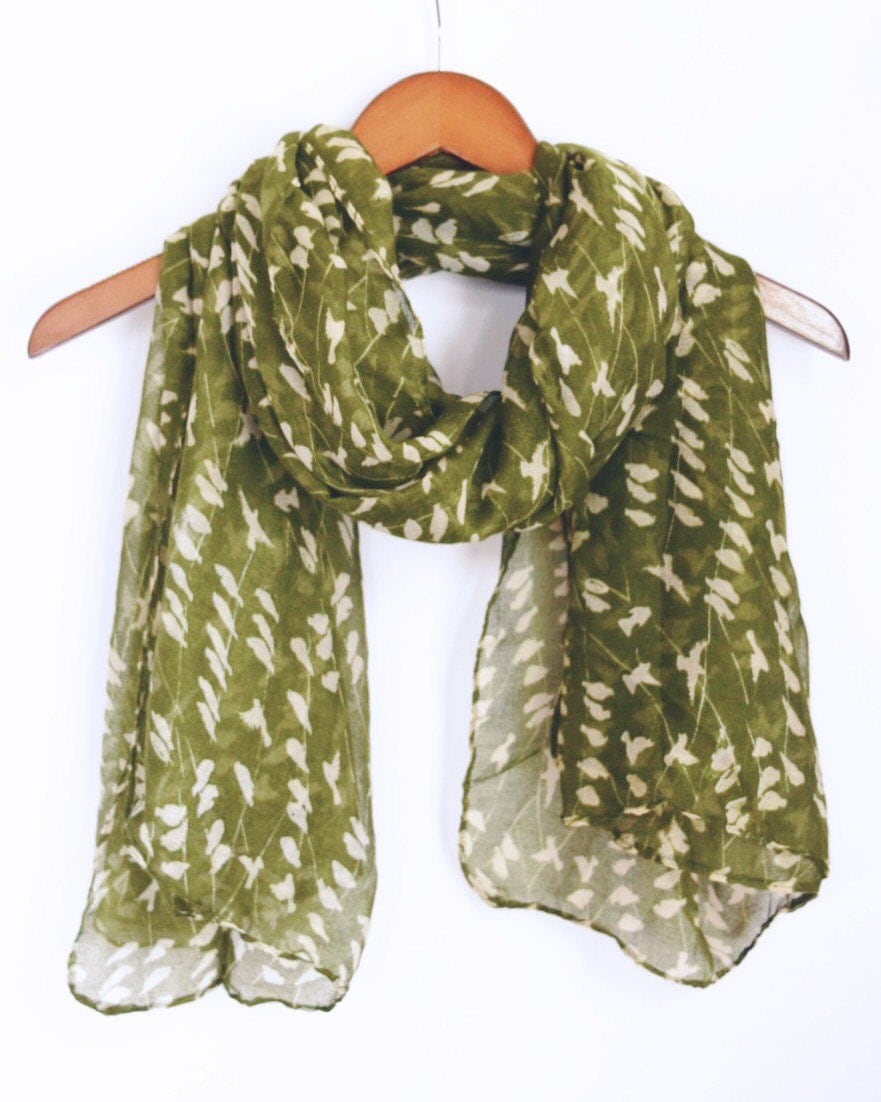Dark Olive Green with Ivory Birds Scarf Green Scarf Olive