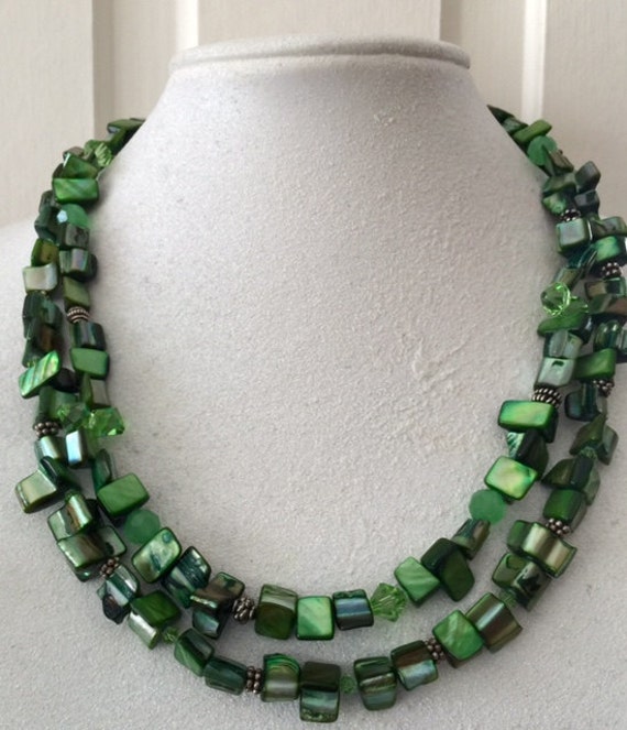 Shell bead necklace green shell necklace Swarovski crystals