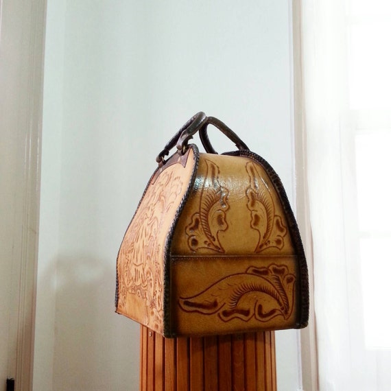 tooled leather bag vintage bowling ball bag by PropsandPieces