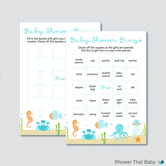 Under the Sea Baby Shower Bingo Cards in Aqua Blue Printable