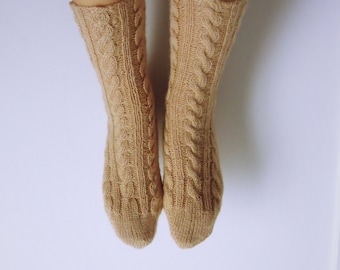 Hand knitted, beige, 40% Tiftik-Angora Goat Hair, 60 Acrylic women socks. Size 8-9.