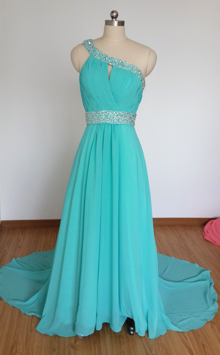 2015 One-shoulder Turquoise Blue Chiffon Beaded Long Prom