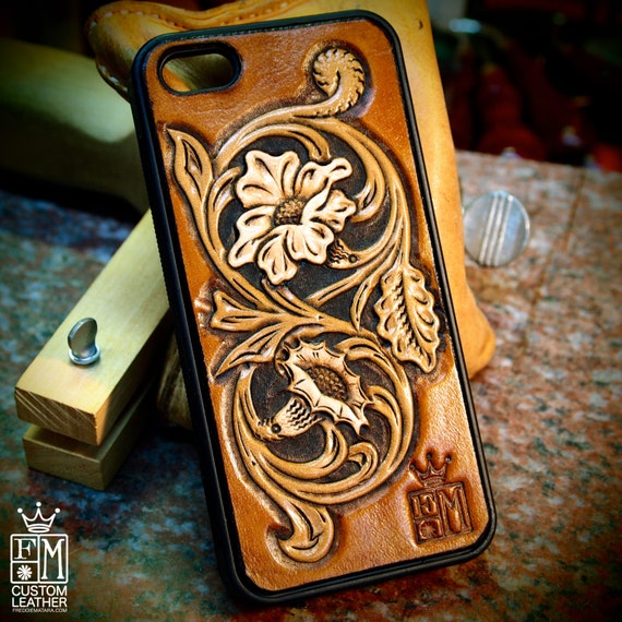 iPhone 5 cellphone case Brown Western floral natural hand carved leather inlay Made for YOU in NYC USA by Freddie Matara!