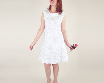 60s Light Blue Polka Dot White Sleeveless Mod Dress L XL