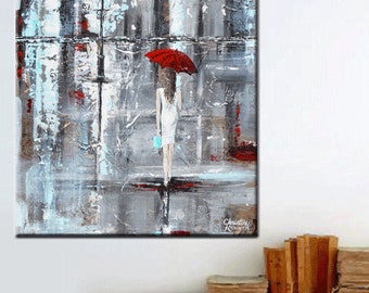 GICLEE PRINTS Art Abstract Painting Girl Red Umbrella City Palette Knife Modern Canvas Prints Gift Wall Decor LARGE sizes to 60 -Christine