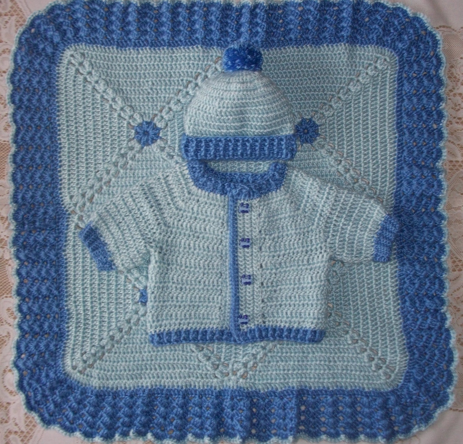 Crochet Baby Boy Blue Sweater Set and Blanket Layette Perfect