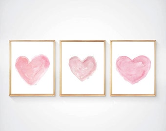Pink Nursery Art, Set of 3 - 8x10 Prints, Pink Watercolor Hearts, Pink Girls Nursery Decor, Pink Nursery Decor, Pink Heart Art, Baby Girl