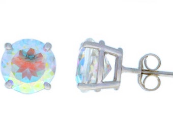 Natural Mercury Mist Mystic Topaz Round Stud Earrings .925 Sterling Silver Rhodium Finish