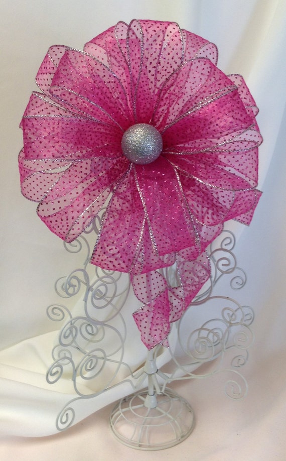 Christmas Tree Topper Bow Hot Pink and Silver Christmas Bow