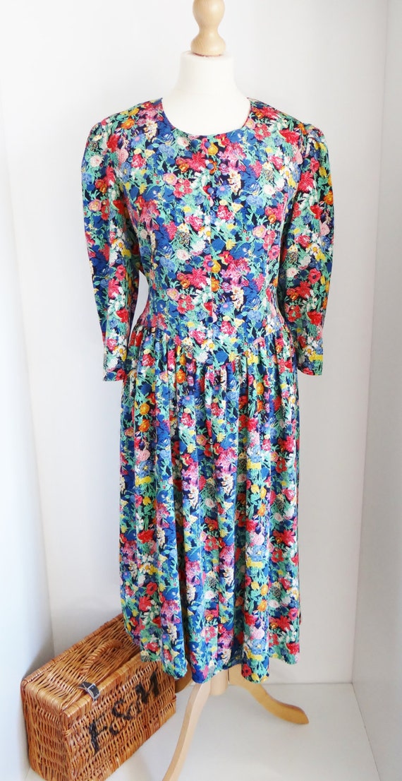 Vintage Floral Dress 1980s Drop Waist Shoulder Pads Midi Dress