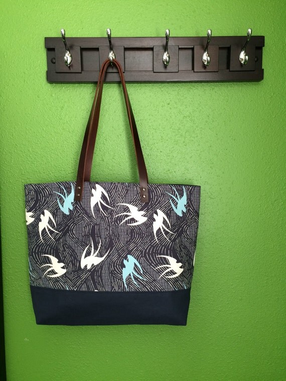 Items similar to Leather and Canvas Tote Bag in Birds on Navy Blue with Leather Straps on Etsy
