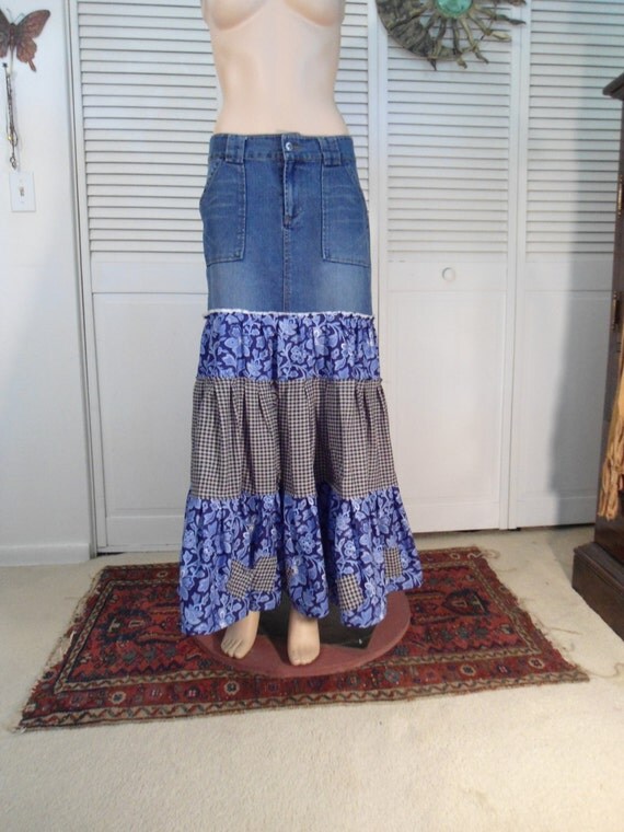 Maxi Jean Skirt Patchwork Hippie Upcycled by LandofBridget on Etsy