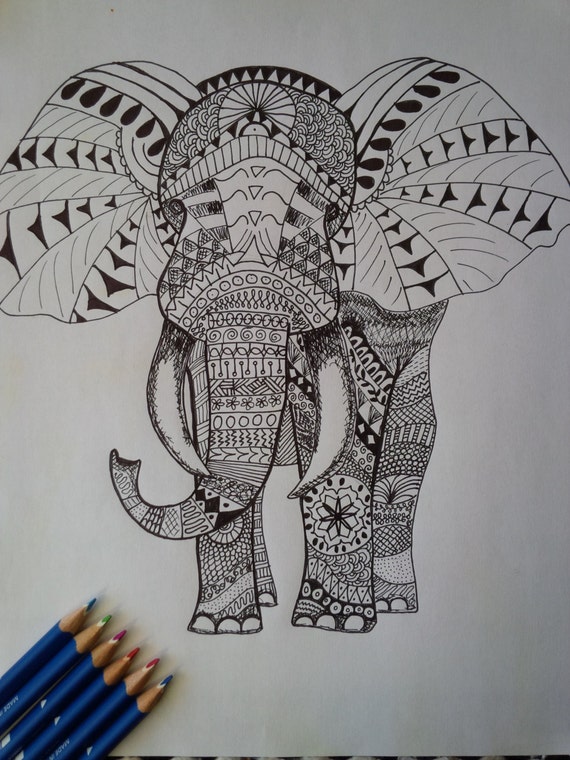 Adult Coloring Page Elephant Zen Tangle Doodle Ink Drawing Pages