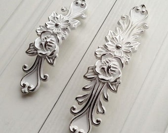 3.75" 5" Cream White Dresser Pulls Drawer Pulls Handles Knobs Cabinet Handles Door Shabby Chic Silver Rose Flower Blossom Decorative 96 128
