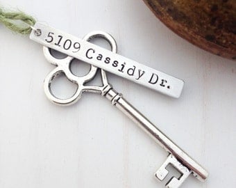Personalized Housewarming Gift - Custom Stamped New Home Decor Skeleton Key - First House Ornament - Tag - Moving Gift - OG Rustic Silver