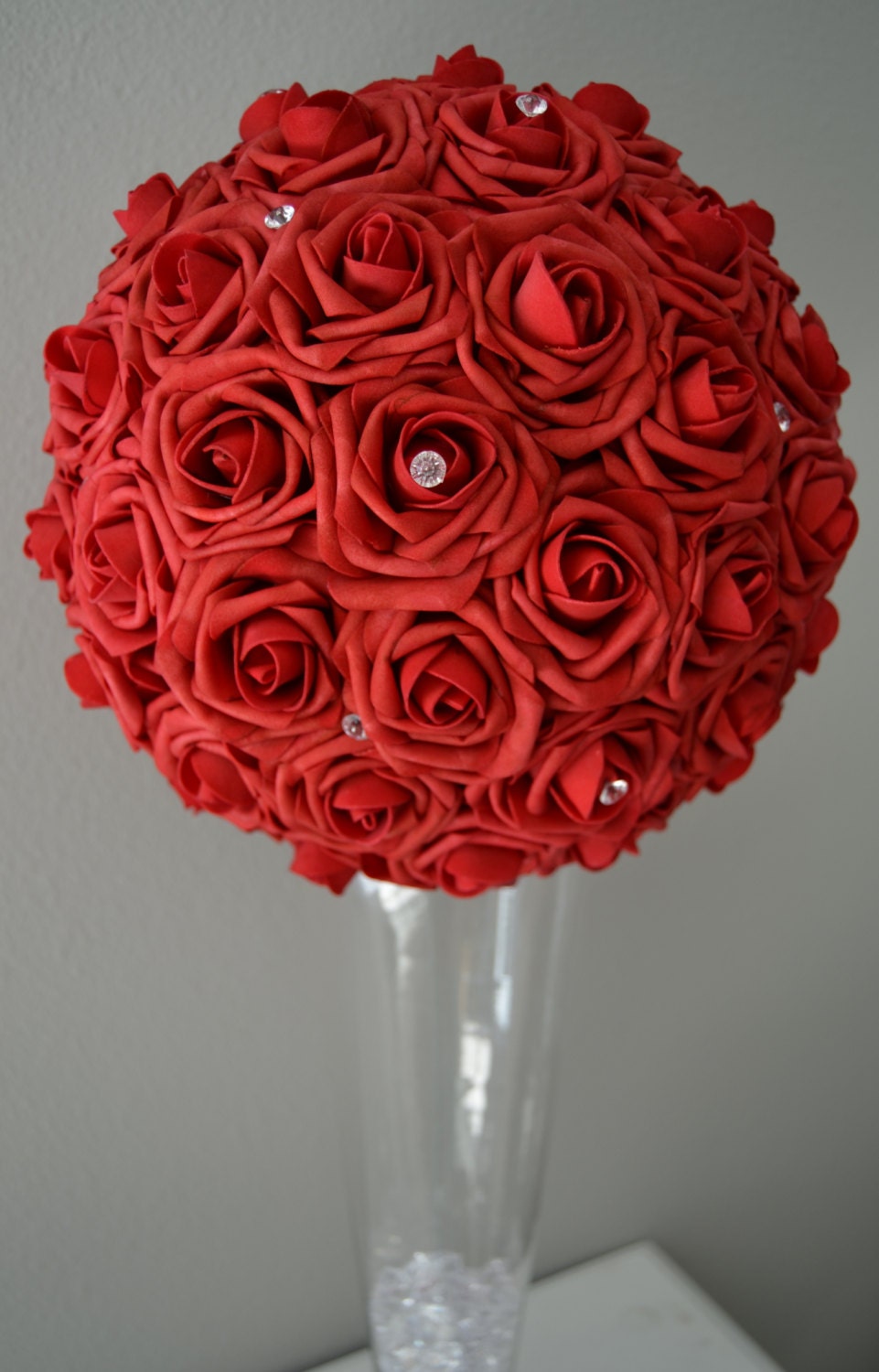 RED Flower Ball with Diamond Rhinestone Gems. WEDDING