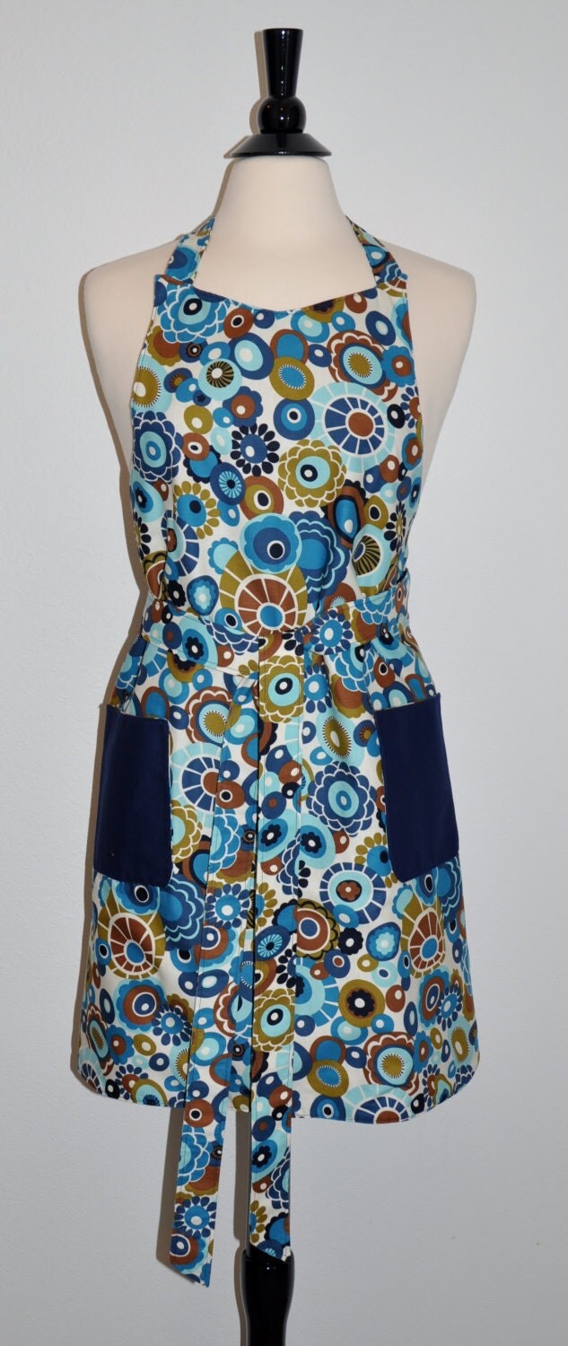 Blue apron with artsy flowers Reversible Apron Handmade