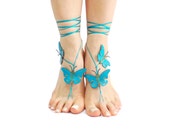 12 Color Options, Turquoise Leather Butterfly Barefoot Sandal, Yoga Belly Dance Pool Jewelry Beach wedding, Foot Thongs