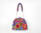 Colorful crochet bag granny square handbag african flower framed clutch with gold chain kelly bag vintage style boho hobo satchel purse