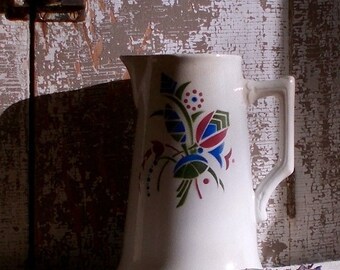 Vintage French Ironstone Pitcher, Luneville Pottery Juice Water Jug, Bistro Tableware, Deco Floral Design, Cottage Farmhouse Decor
