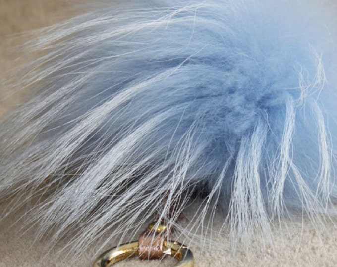 NEW! Raccoon Fur Pom Pom luxury bag pendant + leather strap metal buckle key ring chain bag charm PALE BLUE