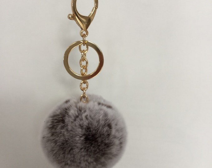 Pom-Perfect coffee frosted REX Rabbit fur pom pom ball keychain or bag pendant with long gold keychain