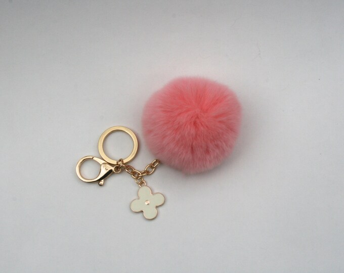 Peach-Pink REX Rabbit fur pom pom ball with black flower keychain from Pom-Perfect™ collection