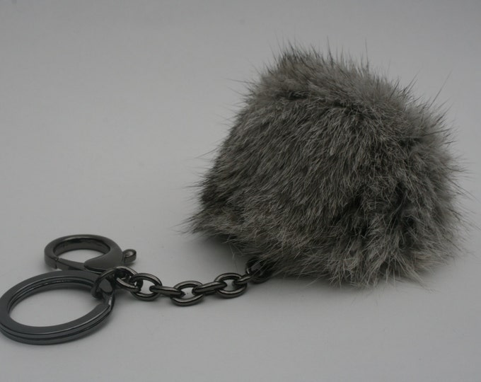 Gun Metal series Rabbit fur pom pom ball with elongated keychain in Natural Grey