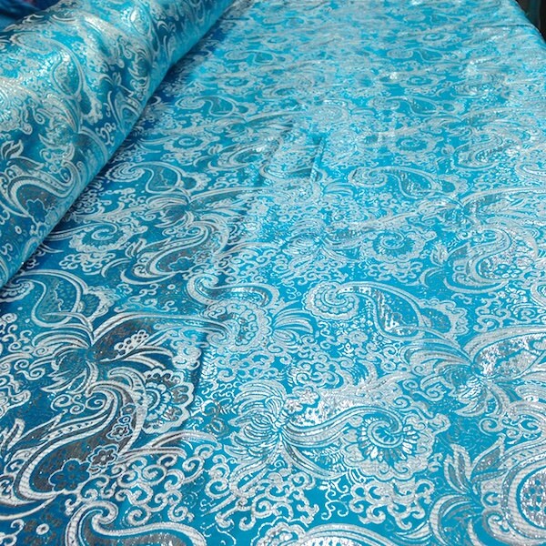 Turquoise / Silver Metallic Paisley Brocade Fabric