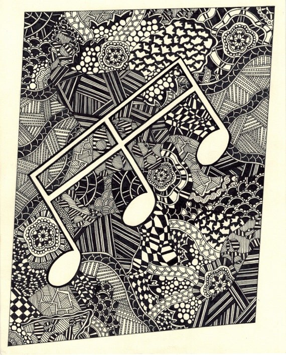 Items similar to Music Notes Zentangle / Black and White / 8 in x 10 in ...