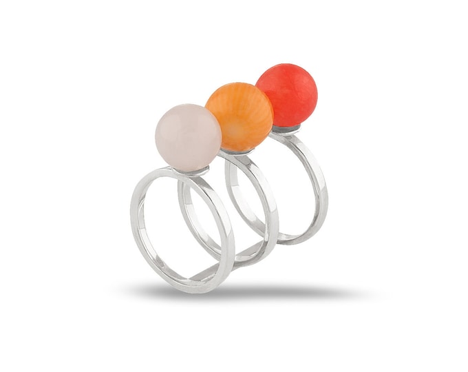 Silver triple ring with coral and rose quartz Rose quartz ring Coral ring Natural stone ring Orange stone ring Rose ring